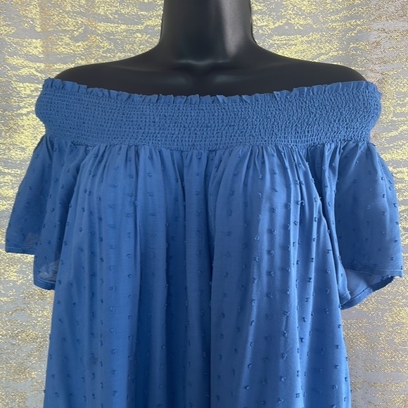 En Creme Blue Embroidered Off The Shoulder Mini Dress Size L - Picture 4 of 15